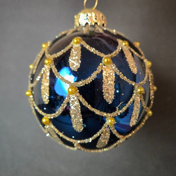 Frontgate Blue Gold Glass Ornament 4 Inch Elegant Beaded Glitter Christmas Decor - Picture 2 of 7